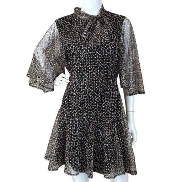 Black Halo Leopard Print Metallic Glitter Dot Sheer Dress Brown Silver Size 12 - Picture 1 of 10